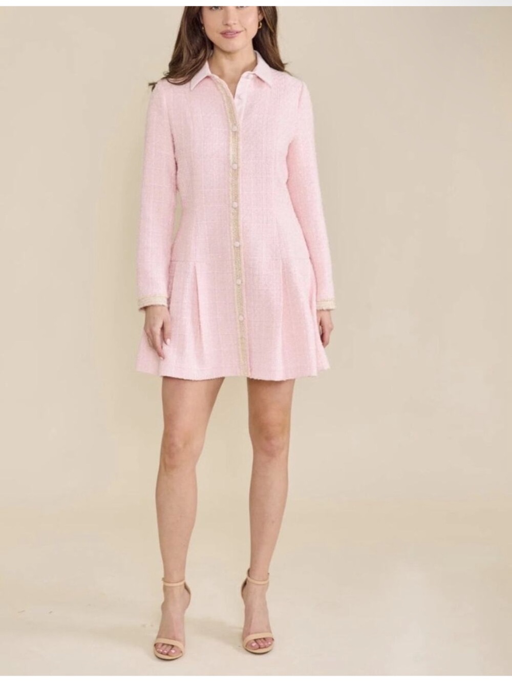 Collared Pink Tweed Mini Dress with Button Front